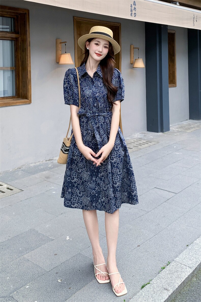 复古印花纯棉连衣裙女2025新款夏季宽松收腰显瘦超好看休闲衬衫裙,女装连衣裙,MQ