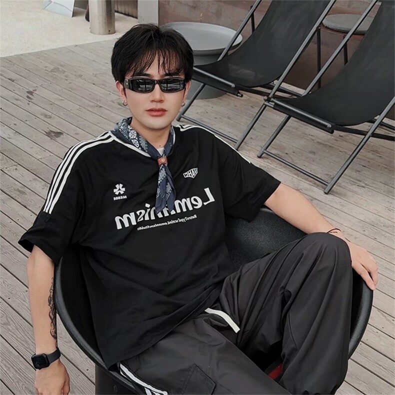 抖音得物供货240克宽松纯棉美式潮牌印花三杠半织带短袖T恤AT1601,男装T恤,电商A443