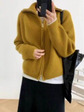 时尚百搭双拉链仿羊毛开衫宽松显瘦保暖针织衫，女装针织衫/毛衣，雪真羊绒