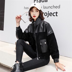 春季秋季短款显瘦muji风嘻哈风立领皮衣拼接女装春秋时尚休闲百搭，女装皮衣，缘衣格