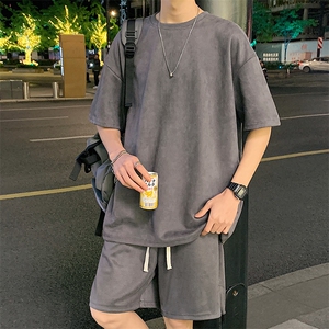 2025夏季短袖套装男士潮流宽松圆领t恤鹿皮绒两件套 t2657 p45图片
