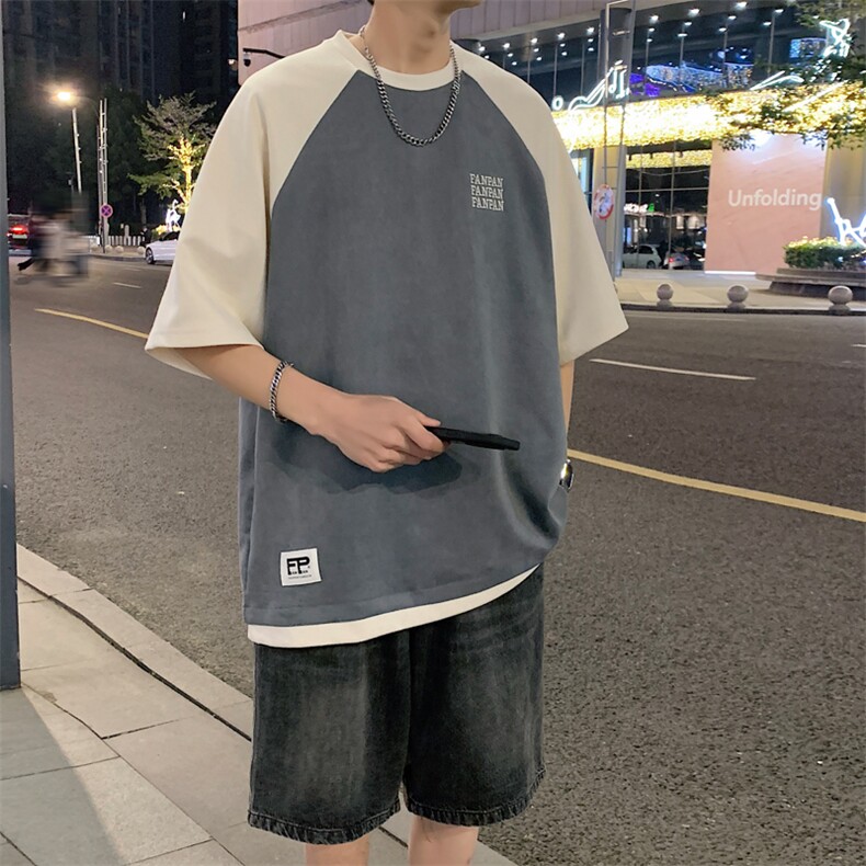 2026夏装男圆领拼色拼接麂皮绒五分袖短袖T恤T800/P35灰色8,男装T恤,电商A094
