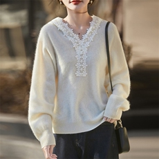 2025年秋季时尚百搭通勤简约休闲花边拉链帽衫，女装羊毛衫，昭美羊绒