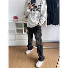 B221美式ins高街小众个性男女破洞牛仔裤LK23001-P65控88，男装牛仔裤，电商B221