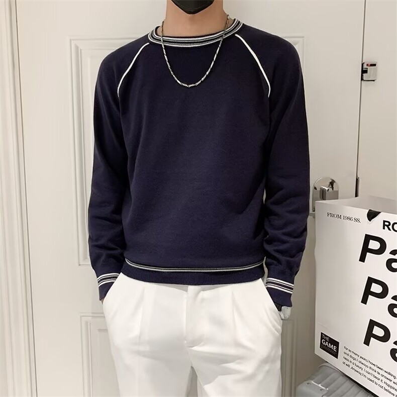 秋季男士圆领长袖T恤拼接条纹修身上衣内搭打底衫潮M877,男装T恤,星座1116A-2（原606A-1）