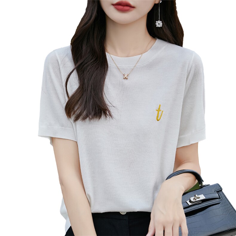 夏薄款莱赛尔天丝针织短袖女圆领刺绣桑蚕丝T恤打底宽松半袖上衣,针织衫/毛衣,朝贺羊绒