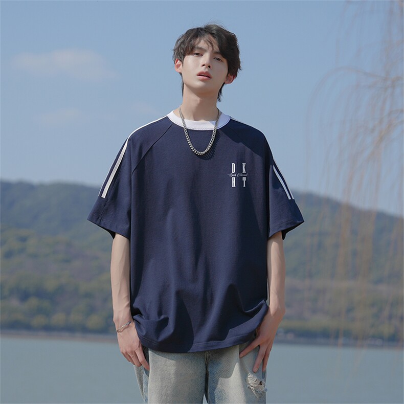 已注册新款抖音直播高品质三条杠运动宽松男短袖T恤T6027P28,男装T恤,电商C408-1(原B339-1)