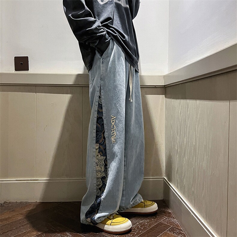 潮小熊拼接刺绣牛仔裤男嘻哈痞帅宽松直筒大码裤子XK66133特p35,男装牛仔裤,电商A042