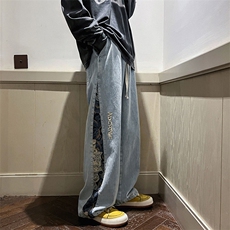 潮小熊拼接刺绣牛仔裤男嘻哈痞帅宽松直筒大码裤子XK66133特p35，男装牛仔裤，电商A042