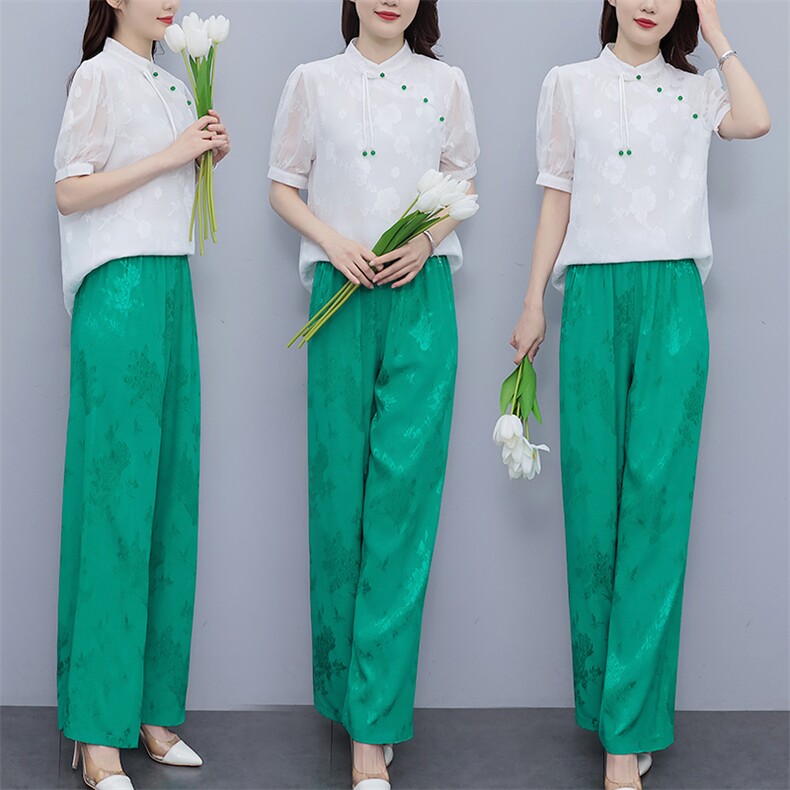 芷墨新款复古新中式简约日常改良汉服盘扣上衣裤子俩件套套装女装,女装套装/套裙,芷墨服饰