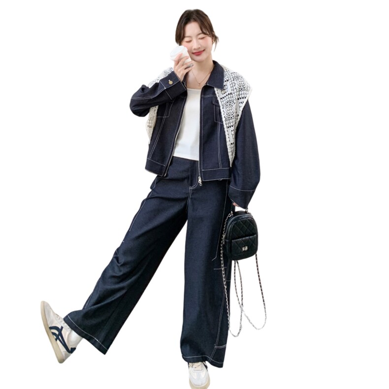 【新品】牛仔套装短外套+弯刀裤两件套带蕾丝披肩,女装套装/套裙,2B076