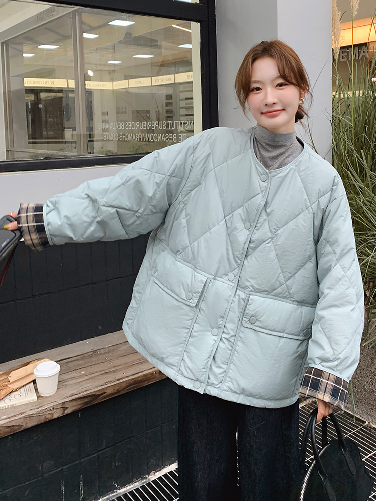 韩版时尚拼格纹轻薄款羽绒服女2025年冬季新款显瘦加厚白鸭绒外套,女装羽绒服,浙宝305