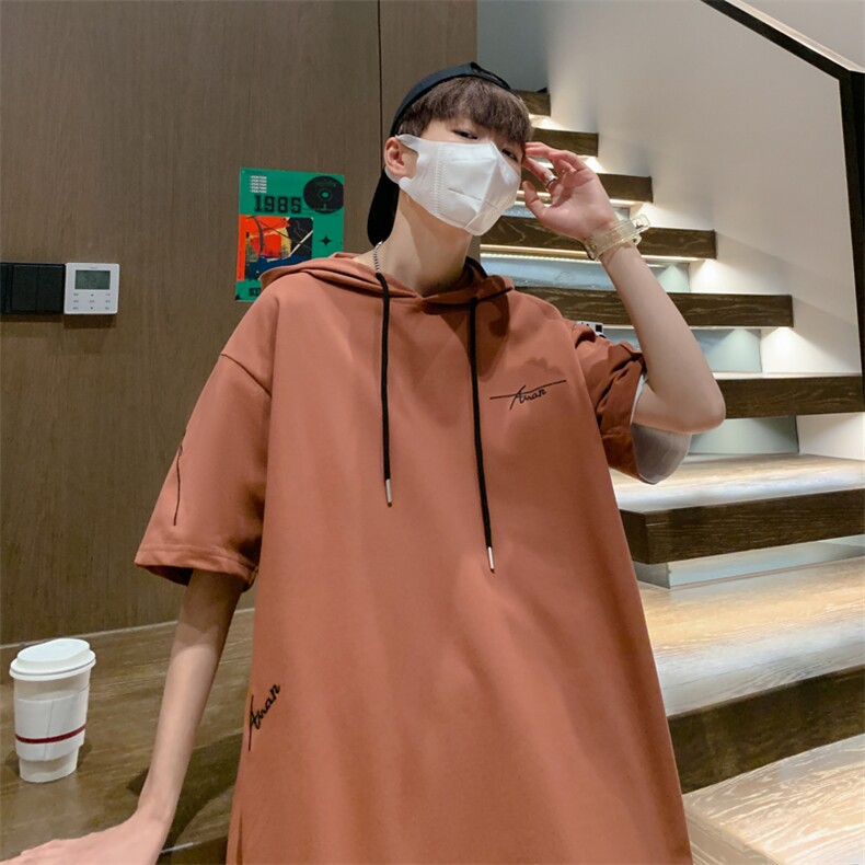 新款夏季港风宽松休闲百搭连帽刺绣短袖T恤618A-7707-P55图片
