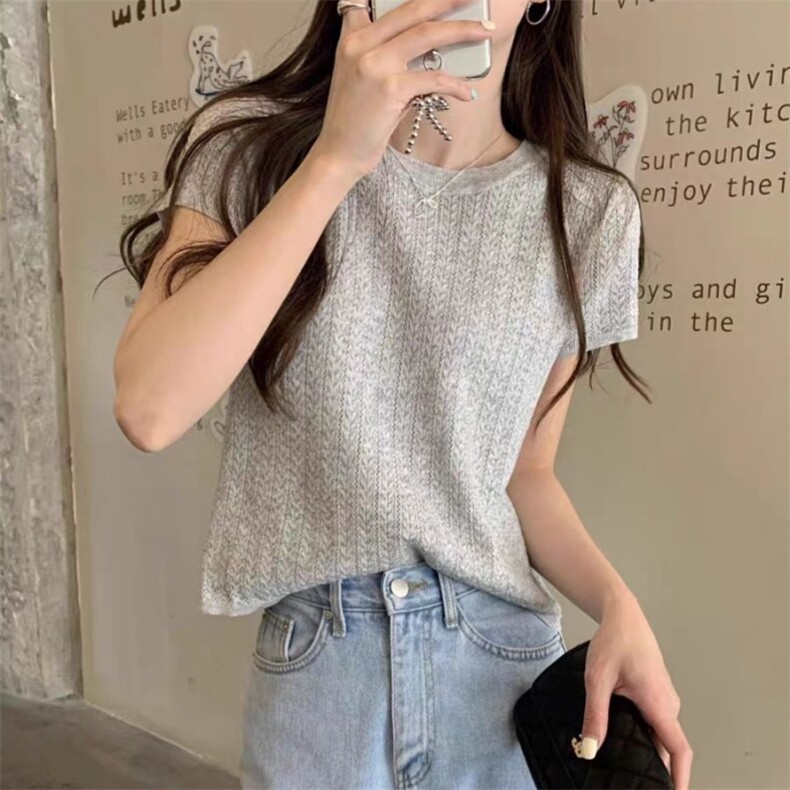 夏季新款女士休闲百搭通勤时尚圆领短袖,女装T恤,锦瑟羊绒