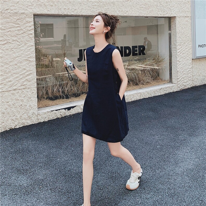 藏青色高级感无袖背心套装女2025夏季法式气质减龄高腰短裤两件套图片