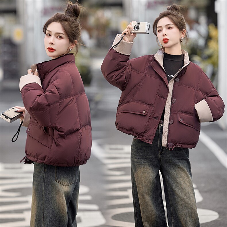 时尚拼色立领短款羽绒服女2024冬季小个子超好看面包服白鸭绒外套图片