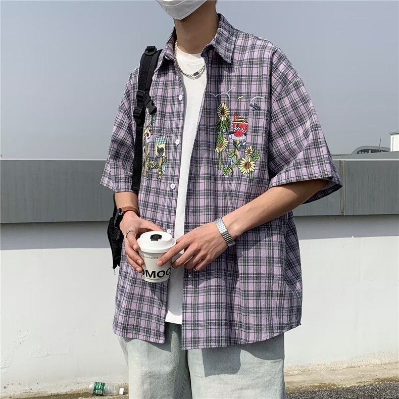 潮五分袖新款衬衫格子夏季男文艺青春流行ins慵懒外套CY097-P35,男装T恤,星座412