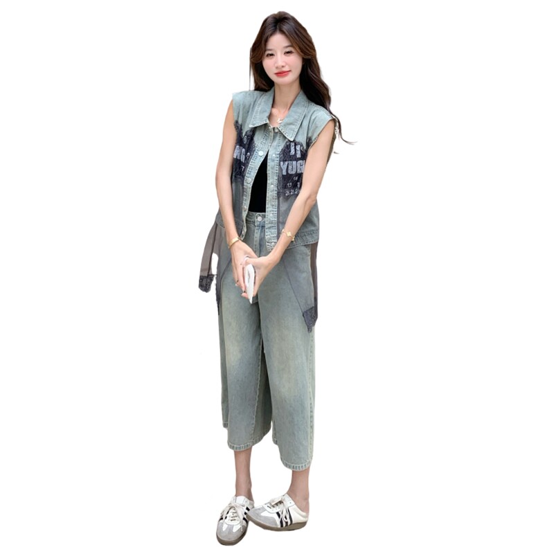 现货;夏装新款设计感拼接蕾丝牛仔马甲套装2C135-N8877P165K238,女装套装/套裙,2C135