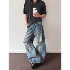 美式男女款破洞直筒牛仔裤夏季新款宽松显瘦垂感脏脏裤子XB3047，男装牛仔裤，星座208-5