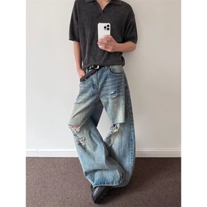 美式男女款破洞直筒牛仔裤夏季新款宽松显瘦垂感脏脏裤子XB3047图片