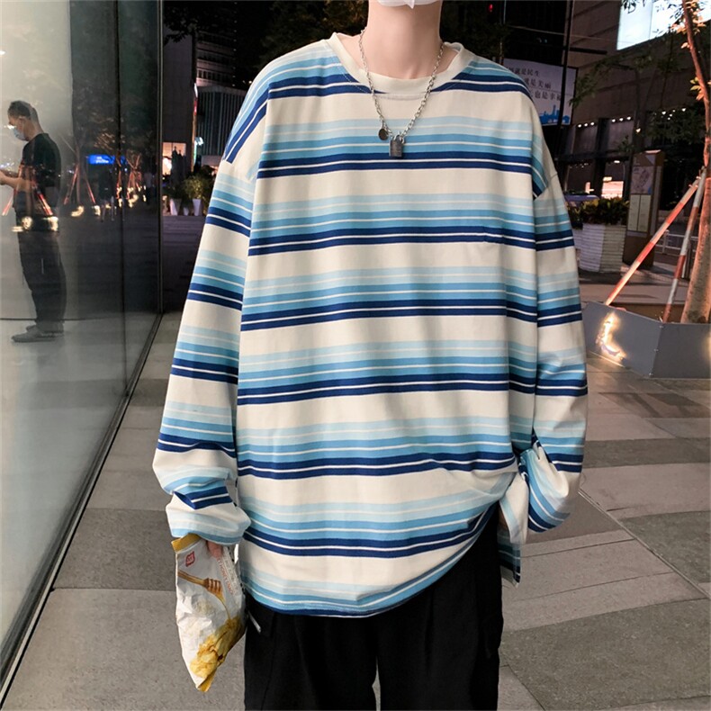 新款条纹长袖男oversize美式复古2021设计感小众奶系T恤T726-P26,男装T恤,星座512-4