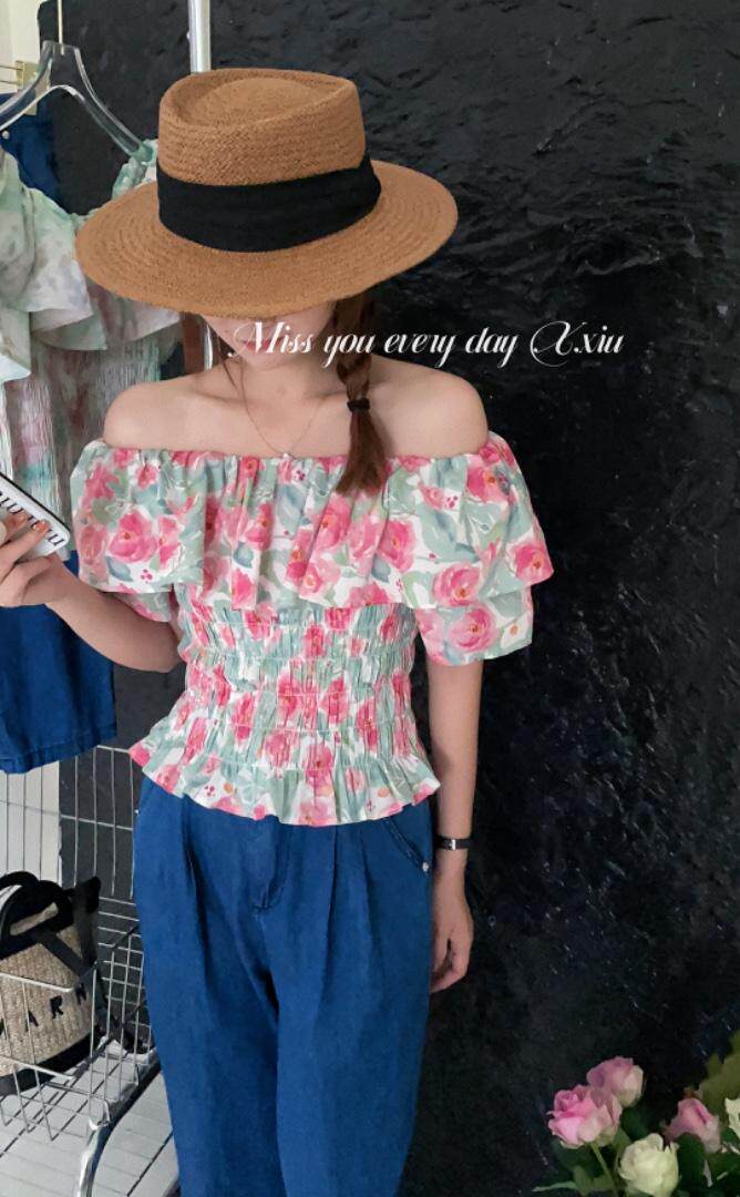 夏季新款牛津收腰显瘦花上衣一字肩荷叶边，其它，新袖