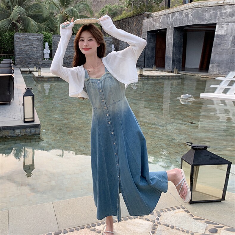 【现货】新品蓝色牛仔渐变背带裙套装A811P155K208,女装连衣裙,2C269