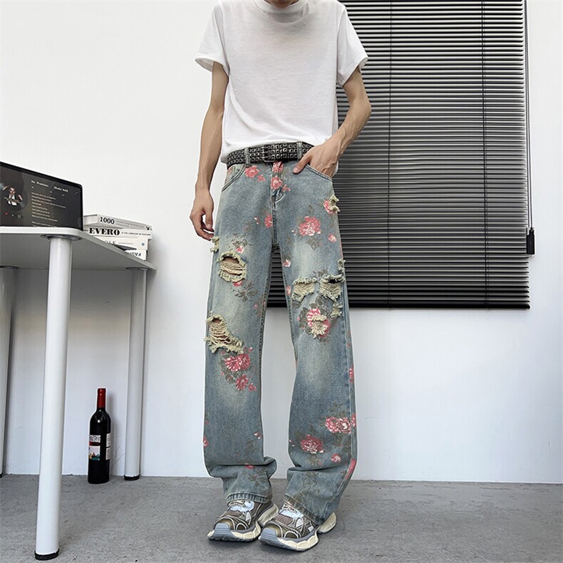 满印玫瑰花朵牛仔裤男款美式复古裤子慵懒风阔腿微喇裤NZ729-P48图片