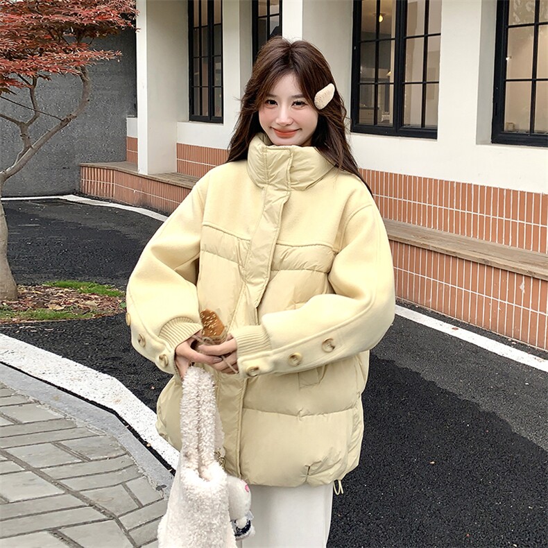 新款主推毛呢拼接中长款立领羽绒服9955-P285-K408,女装短外套,2C129