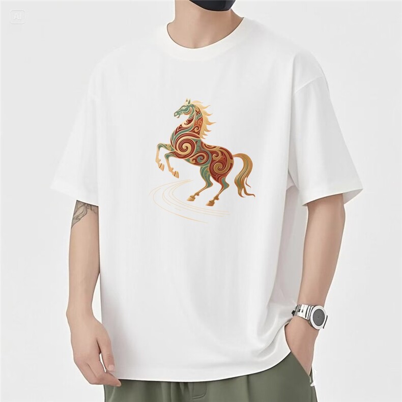 1506/QL4390/P33026新疆重磅短袖t恤潮牌马印花半袖圆领上衣服,男装T恤,星座1506