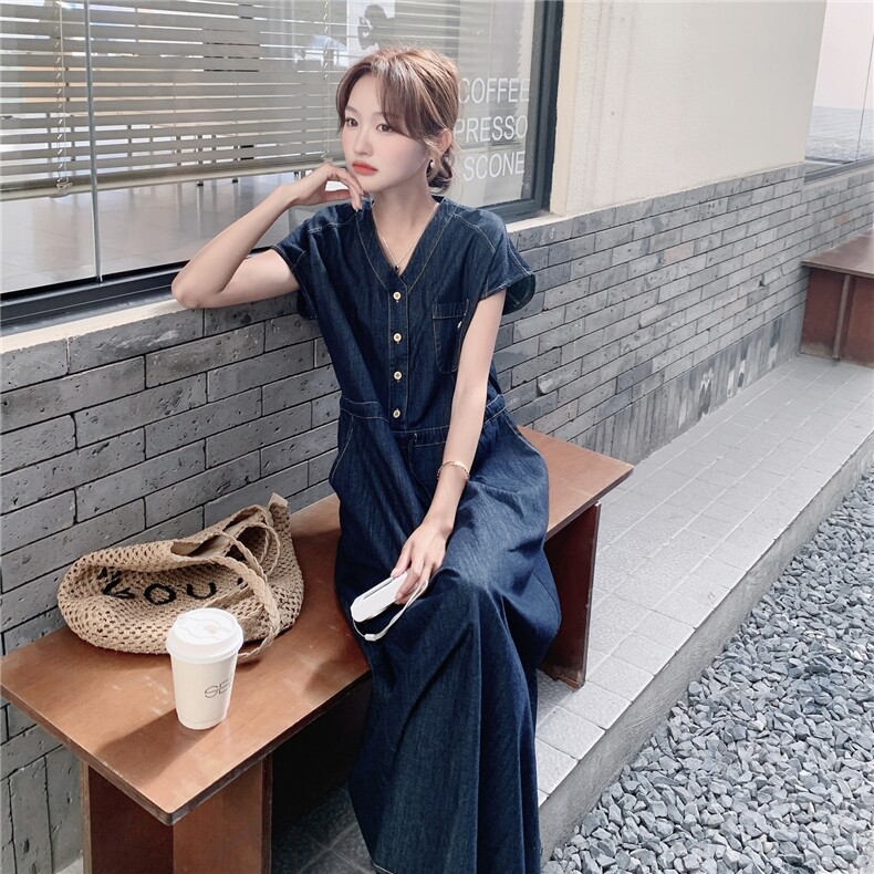 2025夏季新款韩版V领系带收腰显瘦牛仔连衣裙女中长款减龄A字裙子,女装连衣裙,2C273