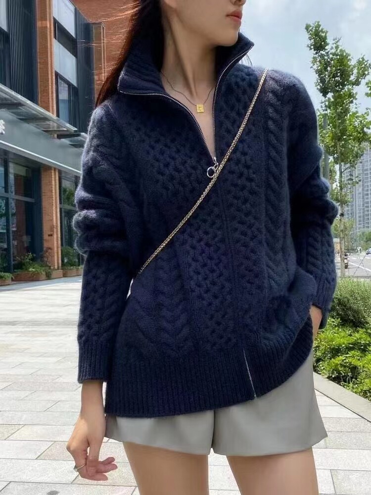 拉链开衫2024年秋季纯色羊毛时尚羊毛衫,女装羊毛衫,冀清阳荣