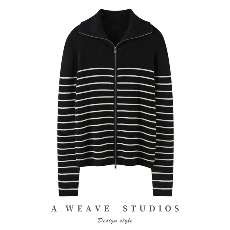 2025舒适百搭秋季新款软糯舒适条纹开衫羊绒，女装羊绒衫，英皇羊绒