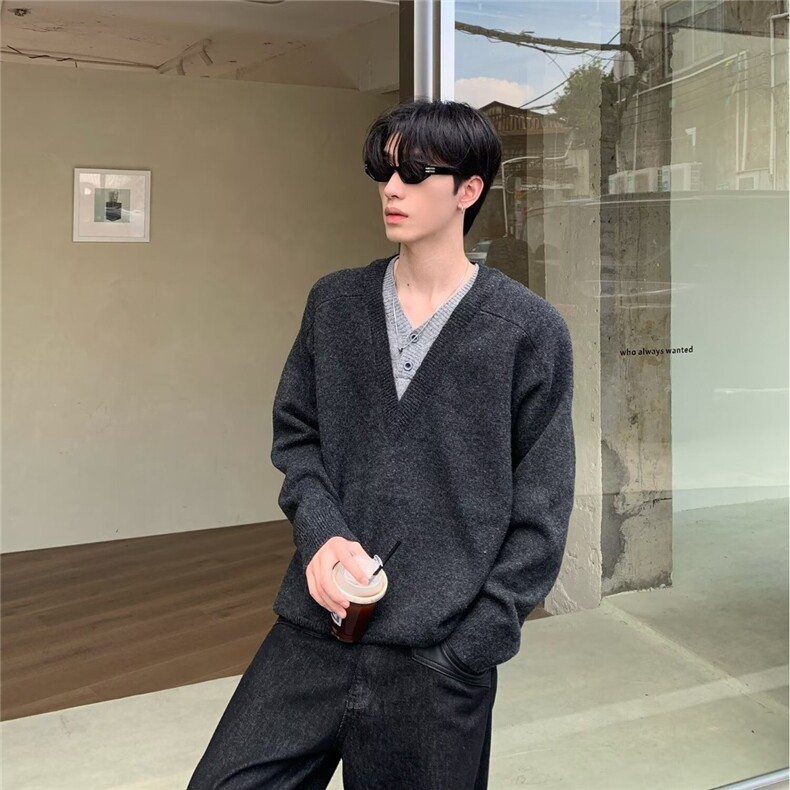 M273-P63美式复古设计感长袖毛衣男2025V领假两件,男装针织衫/毛衣,电商B323A