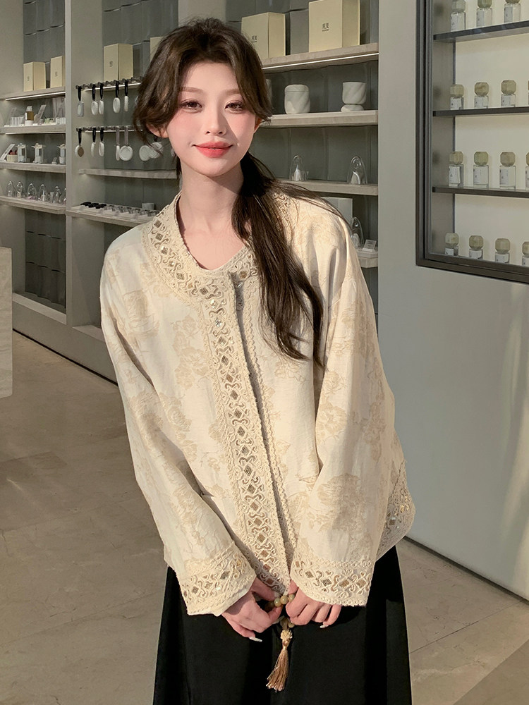 白色新中式外套女2025春季新款重工亮片国风蕾丝花边提花上衣,女装短外套,浙宝208A