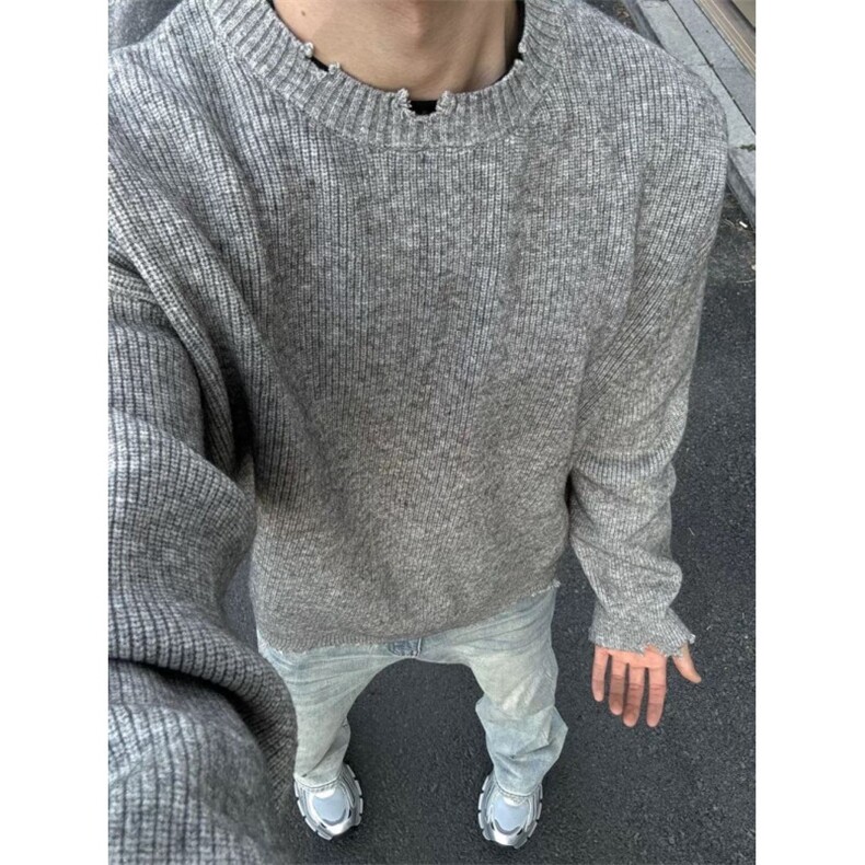 灰色破坏风毛衣男秋冬季潮牌痞帅慵懒cleanfit宽松内搭针织打底衫,男装T恤,四季星座505