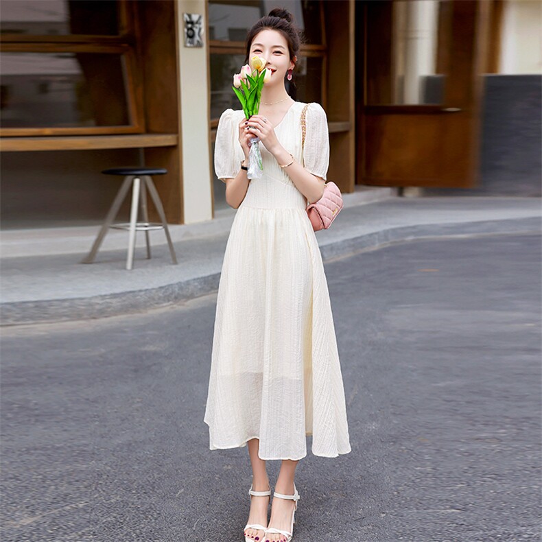 V领连衣裙女2024夏装新款法式气质高级感收腰显瘦垂感中长款裙子,女装连衣裙,韩美纤衣