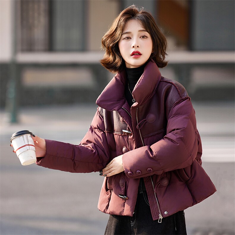 小个子羽绒服女2024冬季新款独特超好看设计感短款红色拼皮厚外套,女装羽绒服,靓衣阁