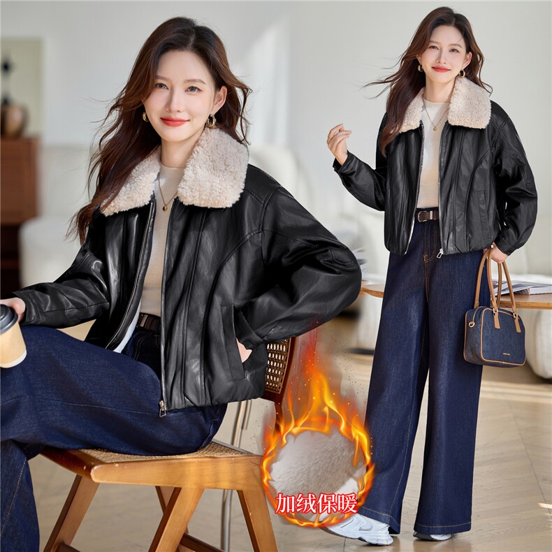 羊羔毛外套女2025新款冬季美拉德皮衣棕色小个子加厚宽松拼接加厚，女装棉衣/棉服，依万里