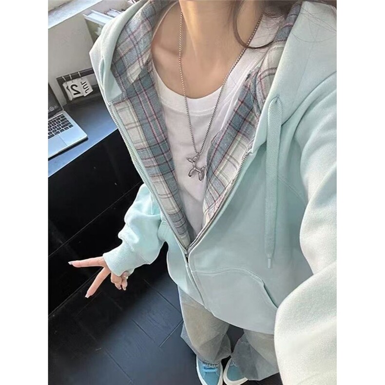 【有货】DGXA1165-批60美式复古格子拼接连帽卫衣女秋冬重磅外套,女装短外套,星座603-2