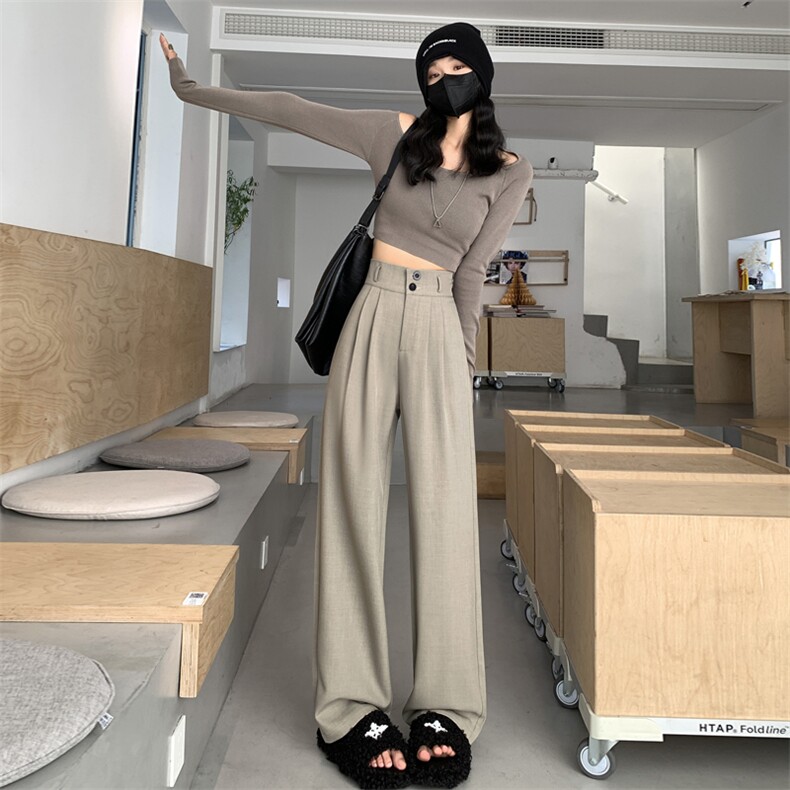 阔腿裤女春秋高腰显瘦垂感梨形身材裤子直筒拖地裤双扣休闲西装裤,女装休闲裤,梦白服饰厂
