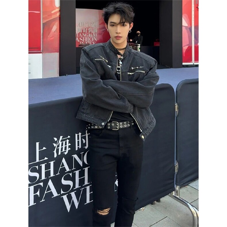 短款垫肩牛仔外套男款春秋美式复古水洗正肩宽松工装夹克,男装工装外套,四季星座505