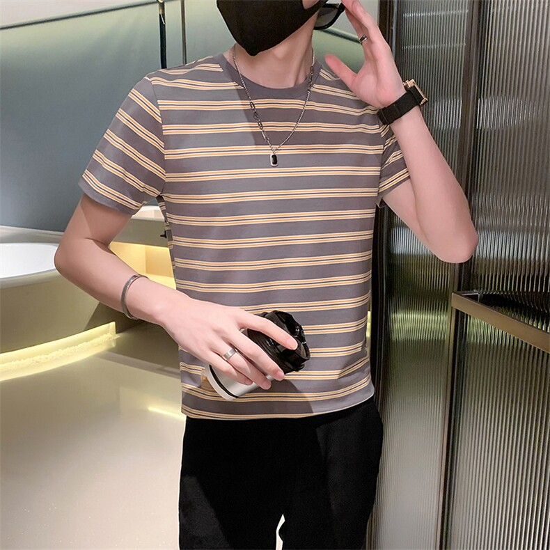 卡其 夏装青年圆领条纹痞帅体恤男休闲上衣男士T 301A-1/T38/P45图片