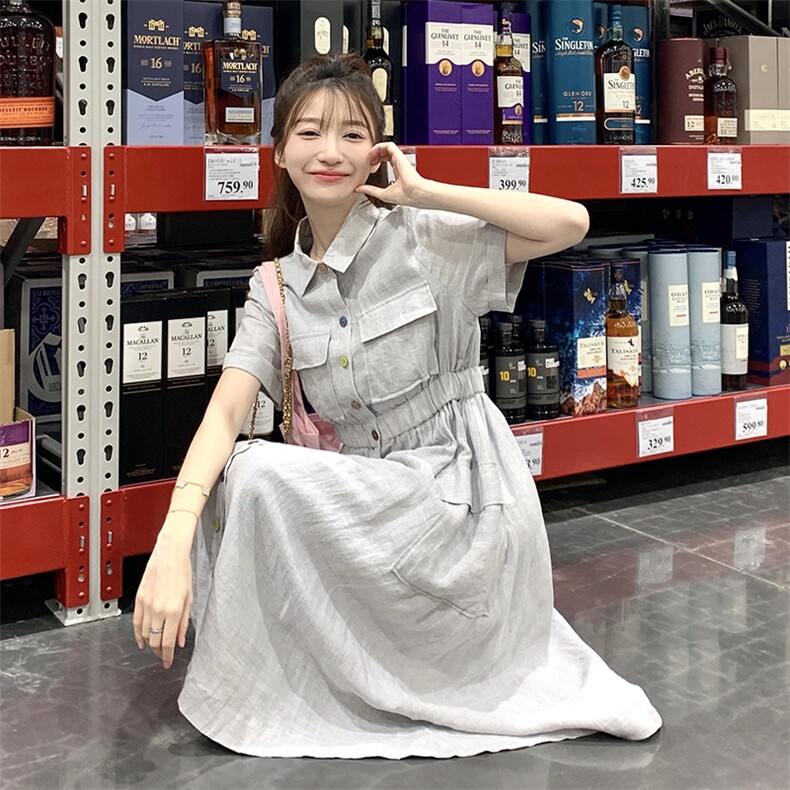 日系高端灰色亚麻衬衫连衣裙女夏2025新款学院风收腰气质工装长裙,女装连衣裙,2C372