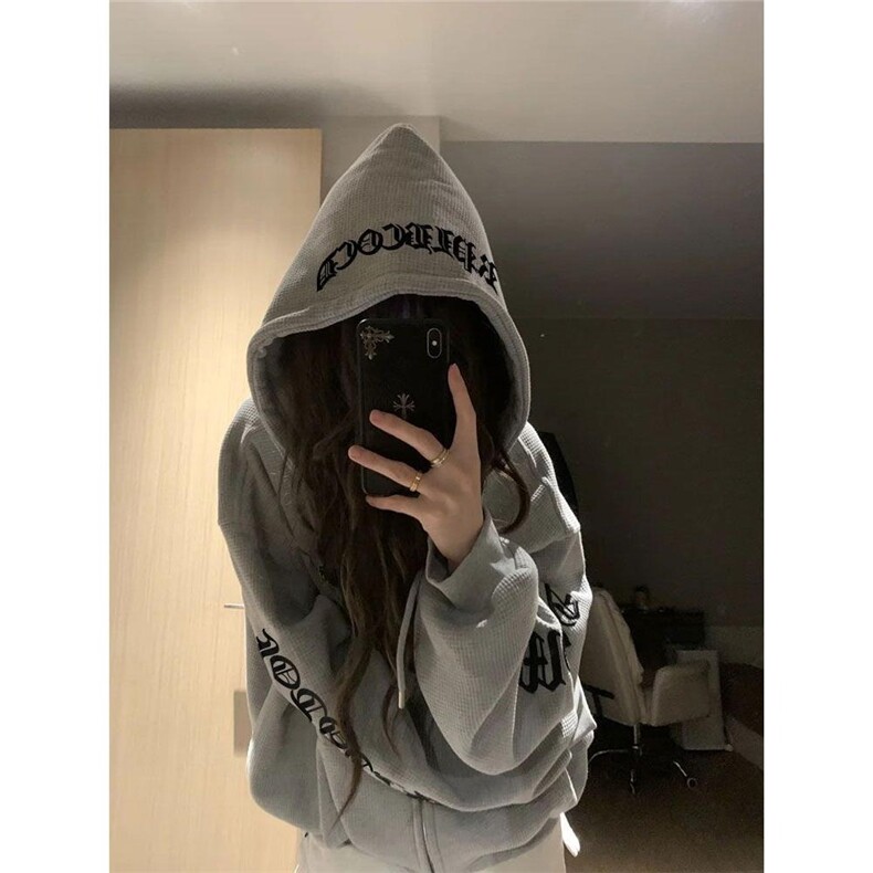 美式复古哥特风十字架刺绣外套女春秋情侣小众高街华夫格开衫卫衣,女装短外套,星座506A