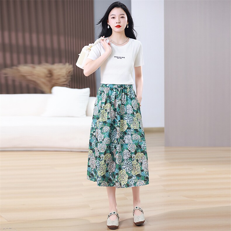 印花半身裙女夏季2025新款薄款妈妈显瘦伞裙纯棉a字碎花蓬蓬裙子，女装半身裙，鑫鑫格