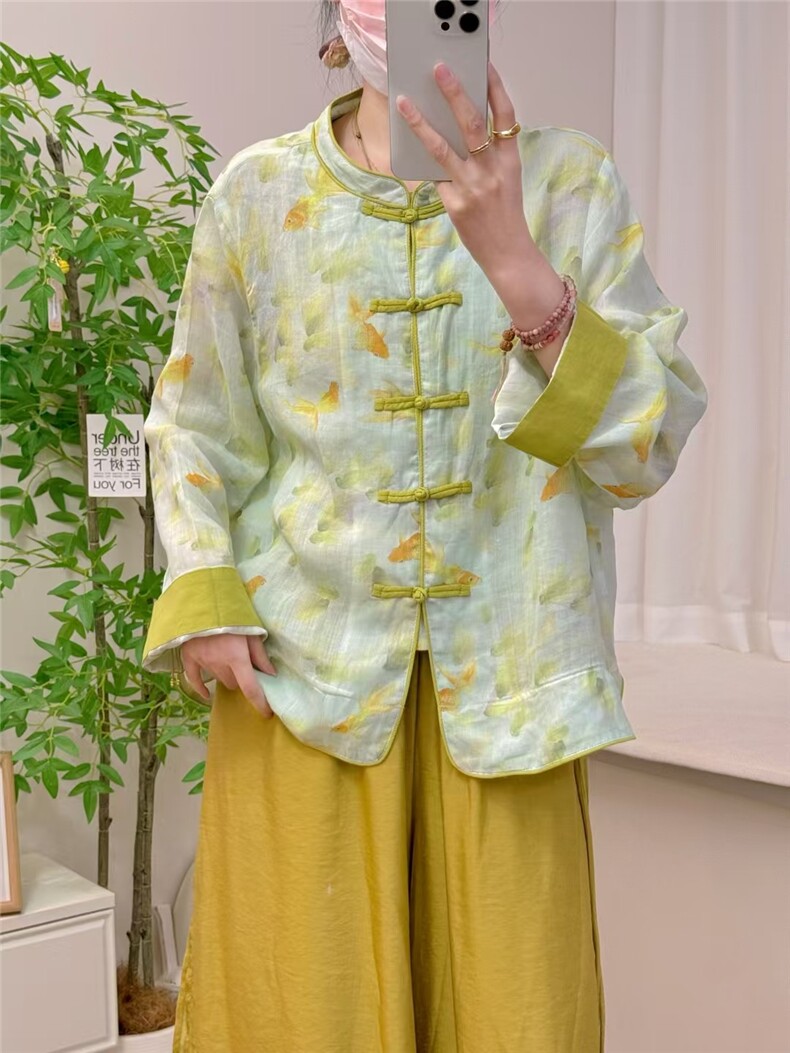 2025简约百搭中式竺麻花色盘扣开衫,女装衬衫,湘姗