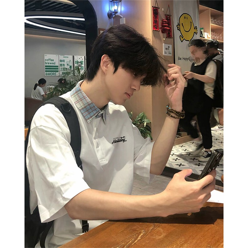 得物抖音品质冰感面料美式印花格子翻领POLO衬衫短袖T恤APL0301,男装T恤,电商A443