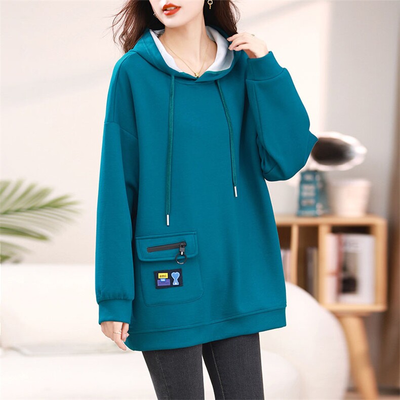 清仓捡漏~专柜撤回连帽卫衣女秋冬文艺宽松休闲贴布长袖上衣,女装T恤,丽影随形