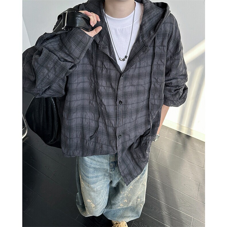 廓形防晒衬衫男夏季长袖冰丝薄款亚麻格子衬衣开衫外套CS29006P50，男装衬衫，电商B312